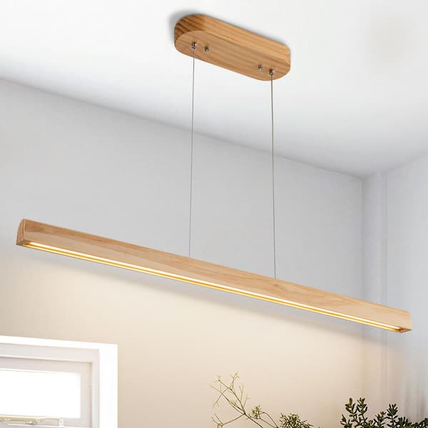 TinHon 19W 1-Light LED Dinning Room Light Fixture, 39 in. Wood LED Linear Pendant Light Fixture for Kitchen Island Bar Natural