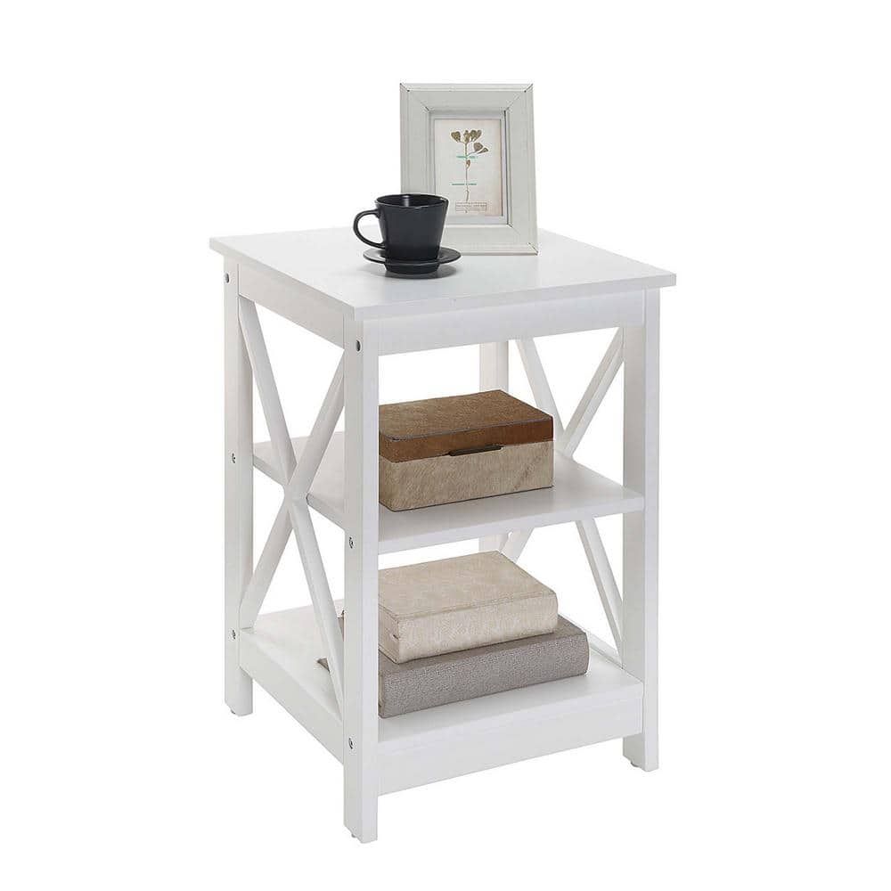 Coastal Farmhouse Chic White Square Wood End Table with Shelves