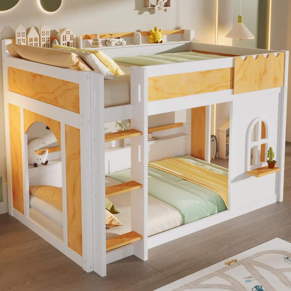 Harper & Bright Designs White and Natural Twin Over Twin Bunk Bed