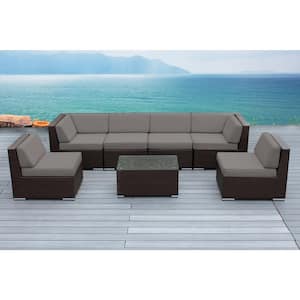 Ohana Dark Brown 7-Piece Wicker Patio Seating Set with Sunbrella Taupe Cushions