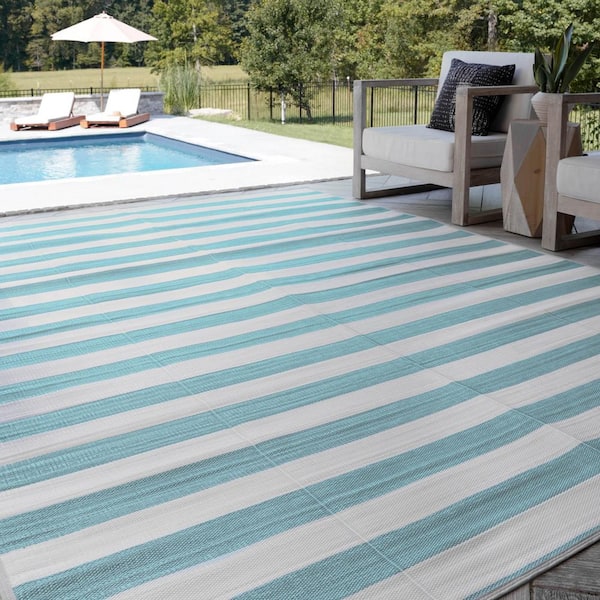 Luna Aqua 9 ft. x 12 ft. Stripes Indoor/Outdoor Area Rug