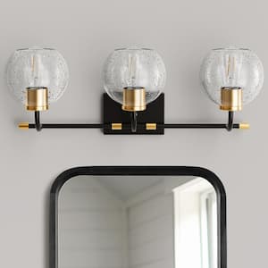 25 in. 3-Light Black Vanity Light with Clear Globe Glass Shades for Bathroom, Living Room, Entryway