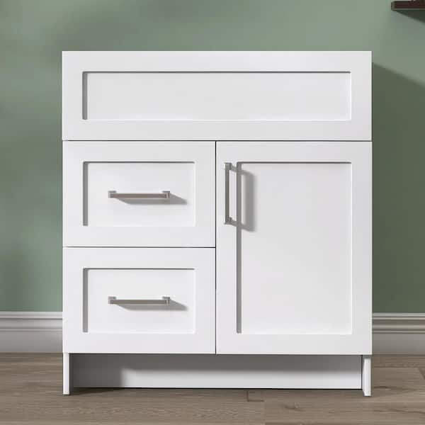 30 in. MDF Bath Vanity Cabinet without Top in White Dove Unassembled with 2-Left Drawers and 1-Right-Door, Soft Closing