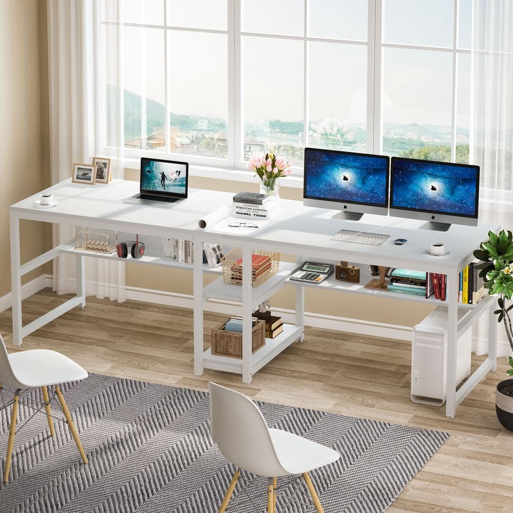White Double Workstation Desk with Bookshelf and Storage Shelves