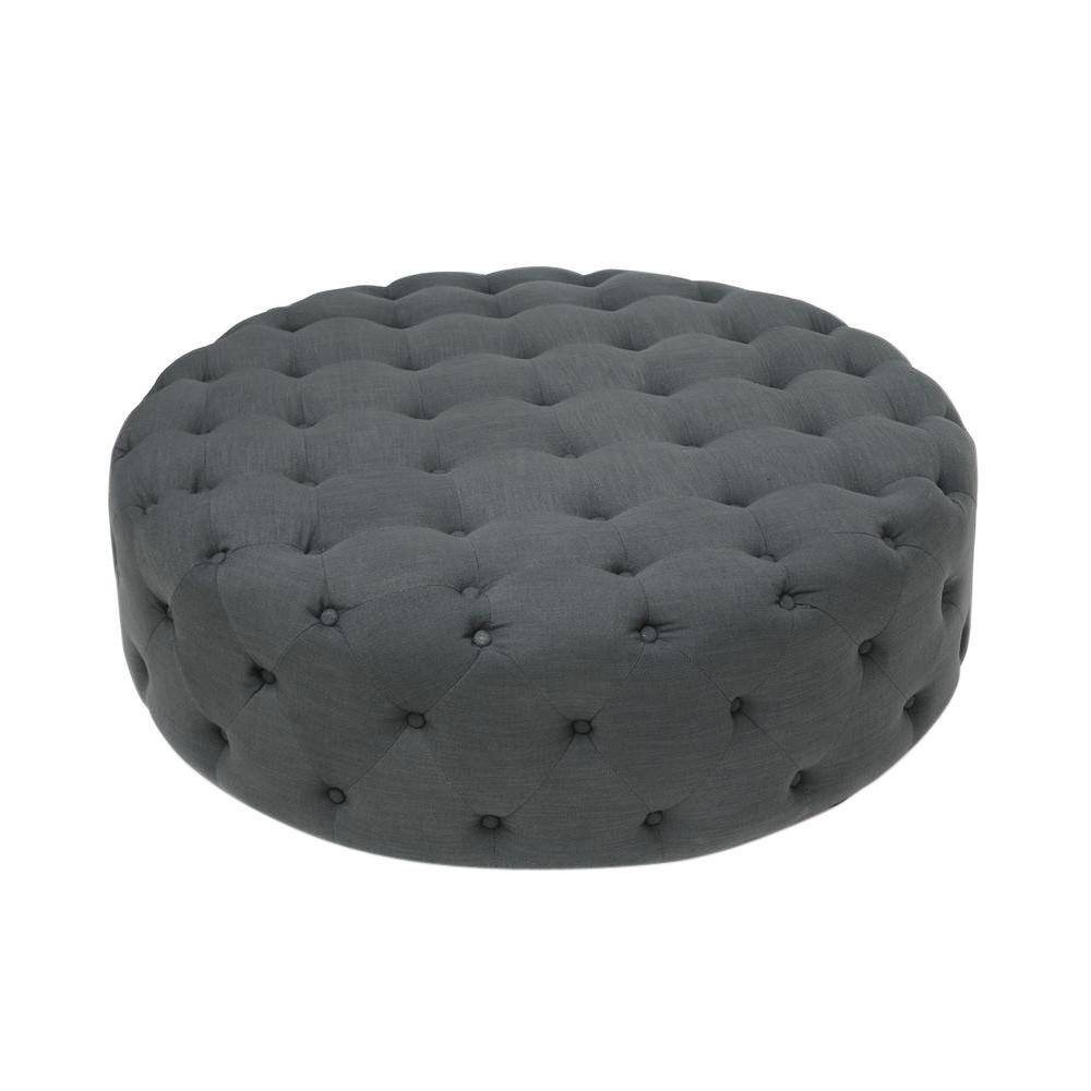 Elysian Dark Gray Linen Round Tufted Ottoman with Eucalyptus Wood
