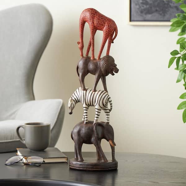 Litton Lane 6 in. x 21 in. Black Polystone Stacked Safari Animals Sculpture with Round Base