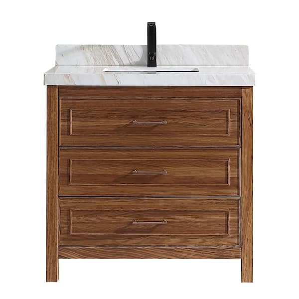 Luxury Ebony Series 36 in. 1 Freestanding Light Brown Finish Bath Vanity with 2 in. White Natural Marble Top Assembled