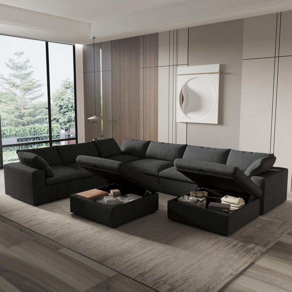 157.2 in. Oversized Square Arm Linen Modular 8-piece Down Free Combination Sectional Sofa with Storage Ottomans in Black