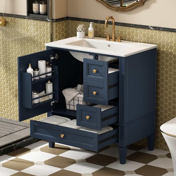 30 in. Freestanding Blue Bath Vanity with White Ceramic Top, 3-Drawers and Solid Wood Frame