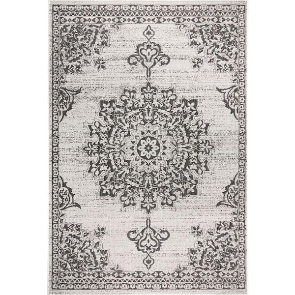 Nicole Miller Patio Country Azalea Grey/Black 2 ft. x 3 ft. Medallion Indoor/Outdoor Area Rug
