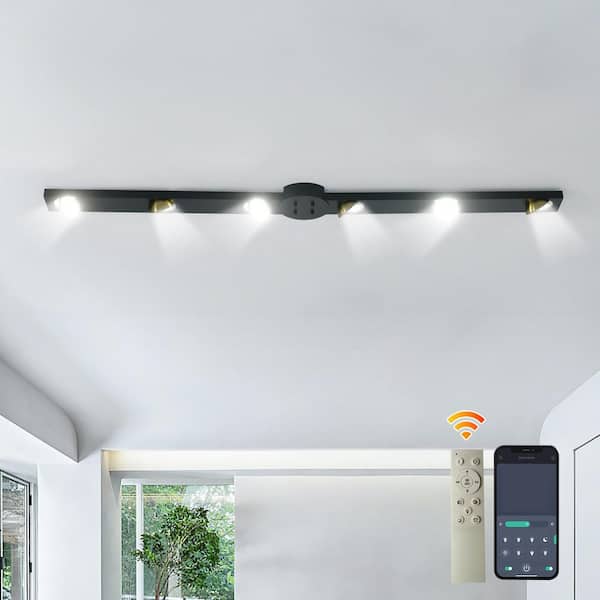 47.24 in. 30-Watt Modern Black Linear Dimmable Integrated LED Flush Mount with Gold Metal Shade For Living Room Bedroom