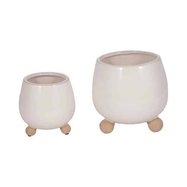 6 in. and 8 in. Ivory Ceramic Knobby Footed Decorative Planters (Set of 2)