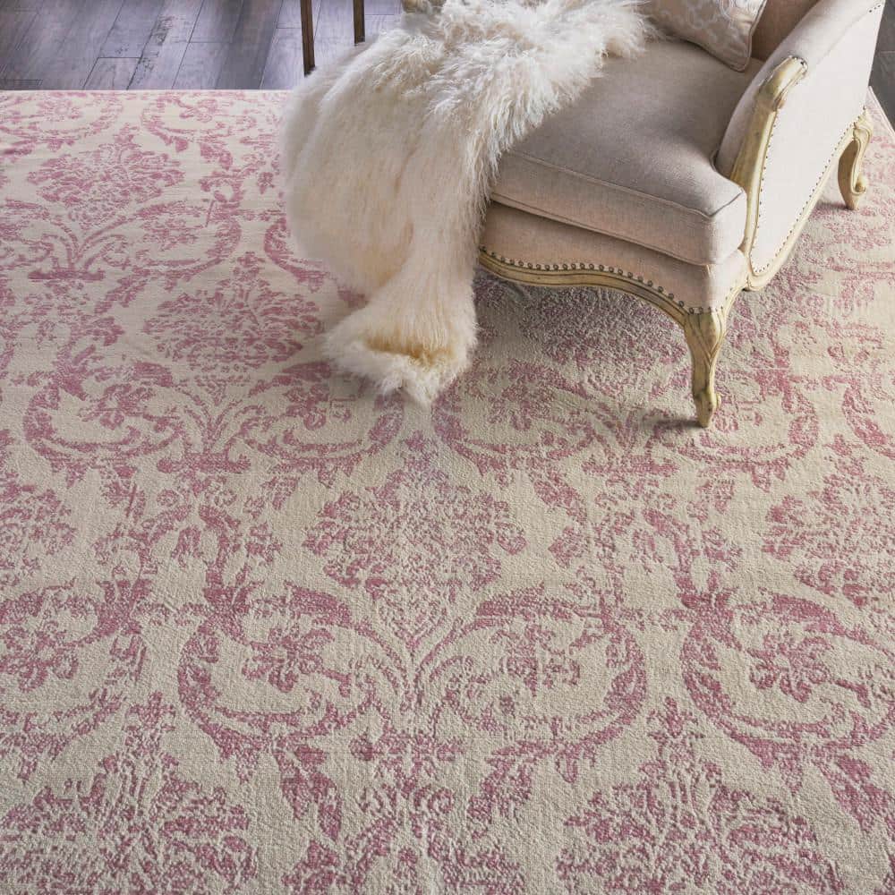 Ivory and Pink Synthetic Damask 7' x 10' Area Rug