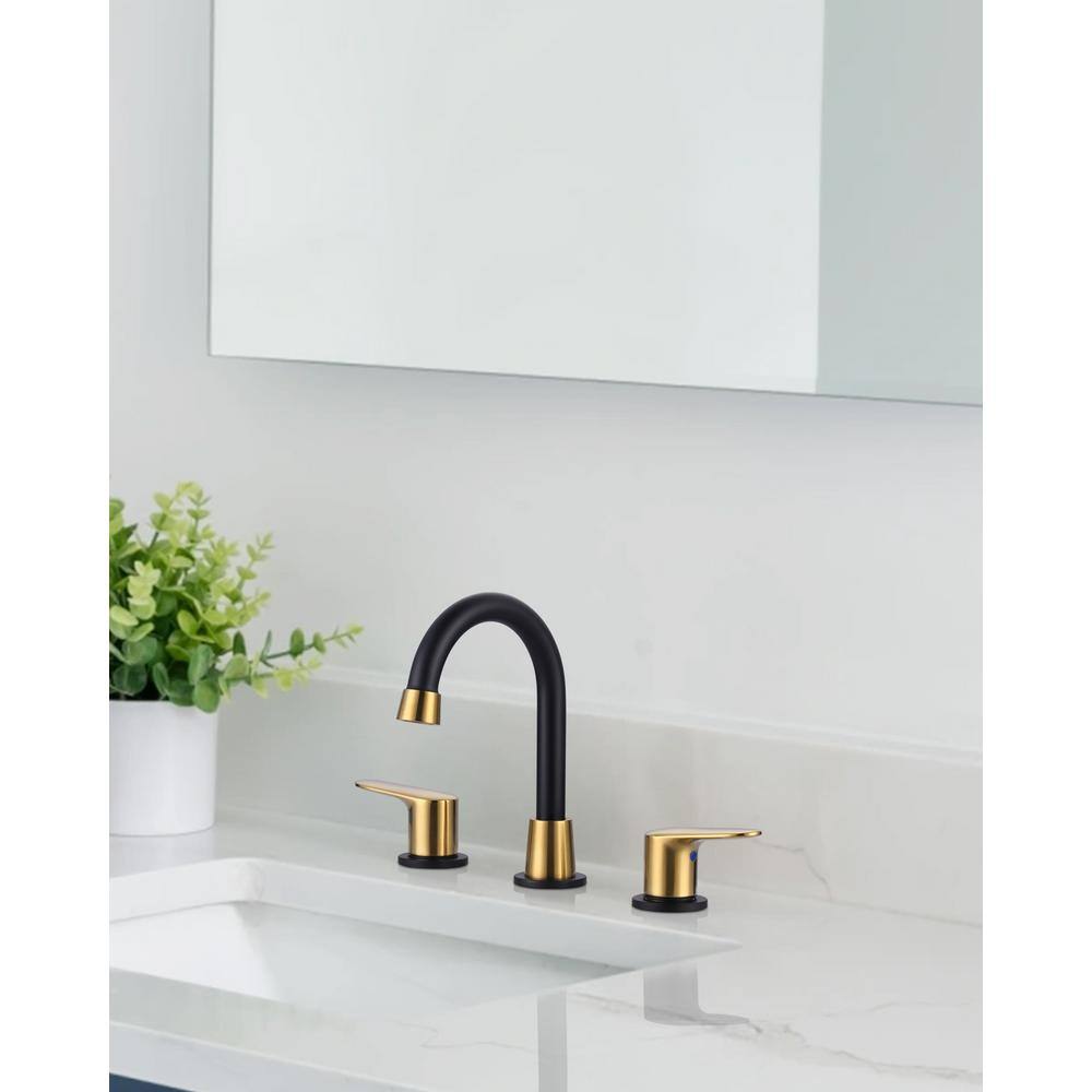 8-Inch Black and Gold Double Handle Widespread Bathroom Faucet