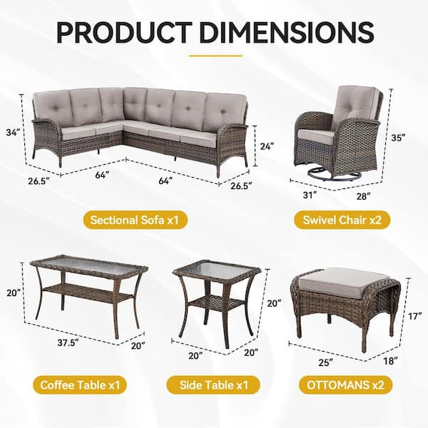 8-Piece Brown Wicker Outdoor Sectional Set with Olefin Beige Cushions and L-Shaped Sofa/Swivel Glider Chairs