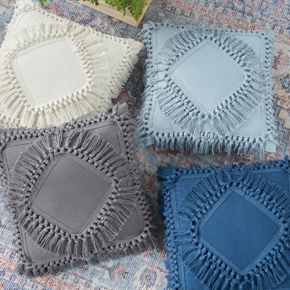 Nicole Curtis Ocean Blue Cotton Tassel Square Throw Pillow