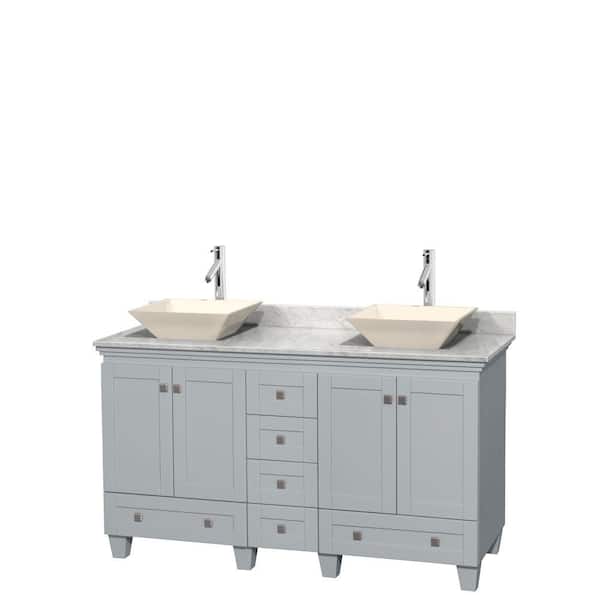 Wyndham Collection Acclaim 60 in. W x 22 in. D Vanity in Oyster Gray with Marble Vanity Top in Carrera White with Bone Basins