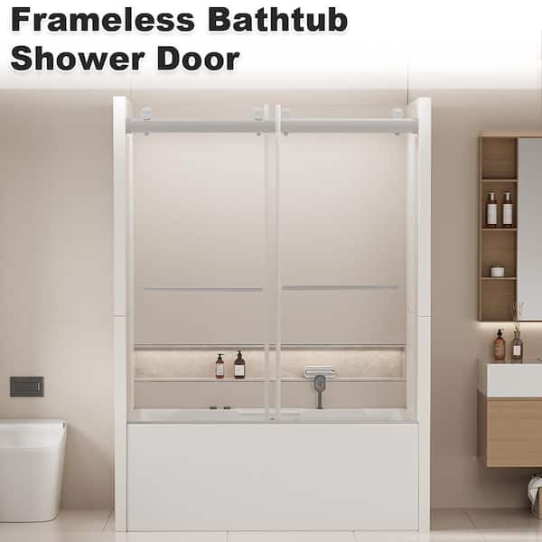 60 in. W x 62 in. H Double Sliding Bathtub Shower Tub Doors in Frameless Brushed Nickel with Tempered Clear Glass (8mm)
