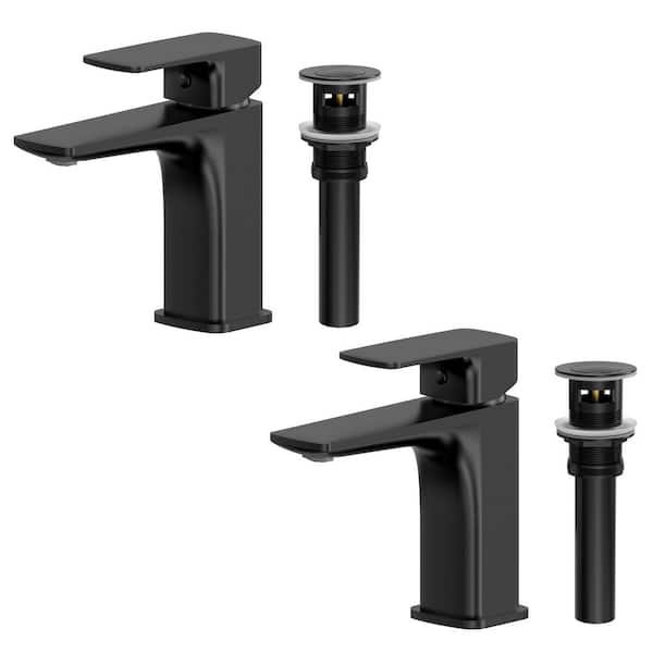 Drift 6.4 in. Low-Arc Single Handle Single Hole Sink Faucet Spot Resist Matte Black Pop up Included (2-Pack)