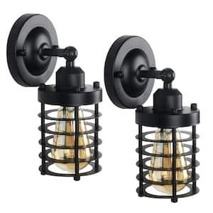4.7 in. 1-Light Black Metal Wall Sconce with Mini Cage, Modern Industrial Farmhouse Barn Wall Lamp for Stair(2-Pack)
