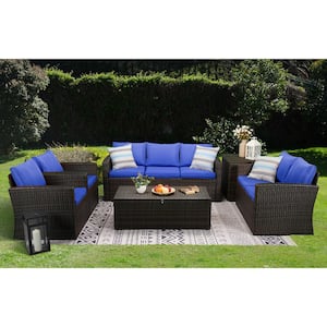 6-Piece Brown Wicker Outdoor Patio Conversation Furniture Set with Blue Cushions