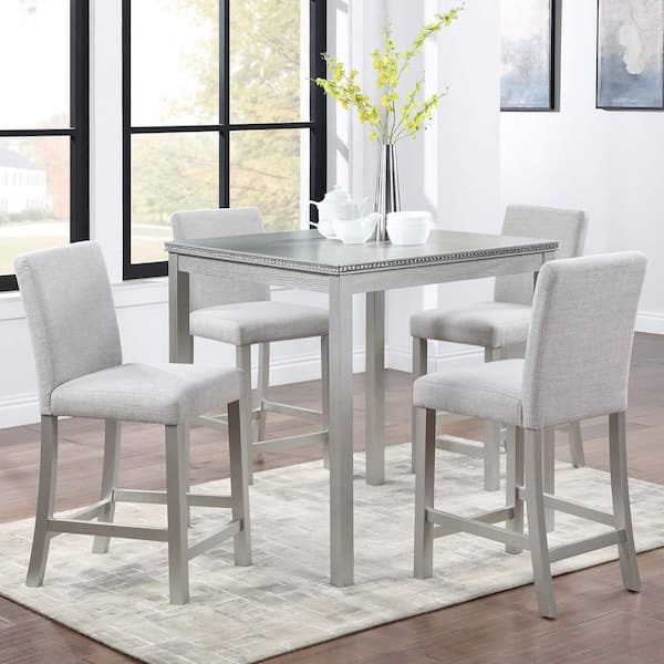 5-Piece Square Beige/Silver Gray Wood Top Dining Room Set Seats 4