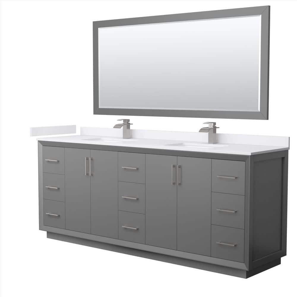 Wyndham Collection Strada 84 in. W x 22 in. D x 35 in. H Double Bath Vanity in Dark Gray with White Cultured Marble Top and 70 in. Mirror, Dark Gray with Brushed Nickel Trim -  840193347045