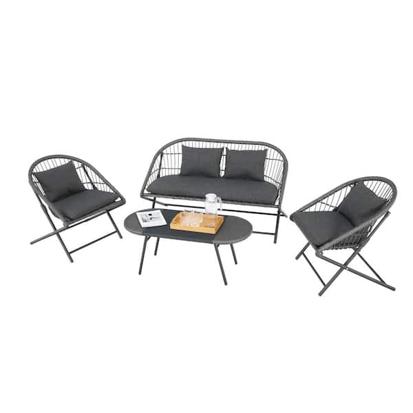 Unbranded 4-Piece Wicker Patio Conversation Set Outdoor Sectional Sofa Set with Gray Cushions and End Table