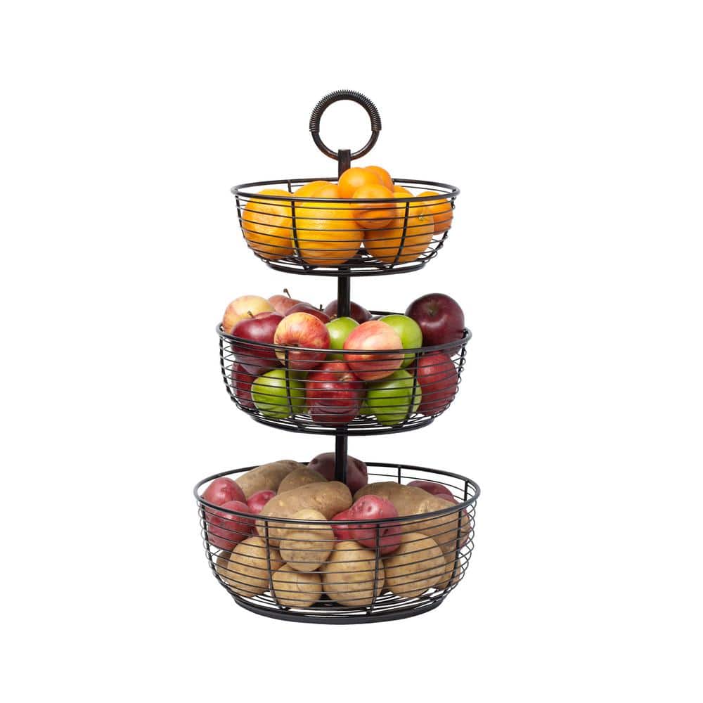 Antique Black 3-Tier Wrought Iron Round Storage Basket