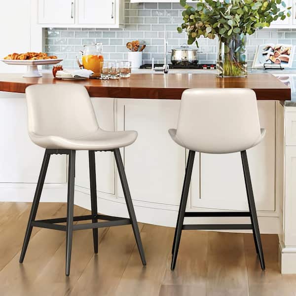 OrangeOne 24 in.White Low Back Metal Frame Barstool Cushioned Counter Height Bar Stool with Faux Leather Seat Set of 2