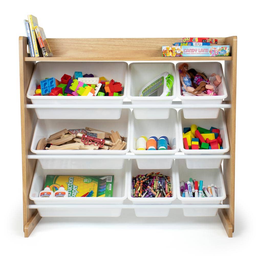 Natural Wood and White Kids Toy Storage Organizer with 9 Bins