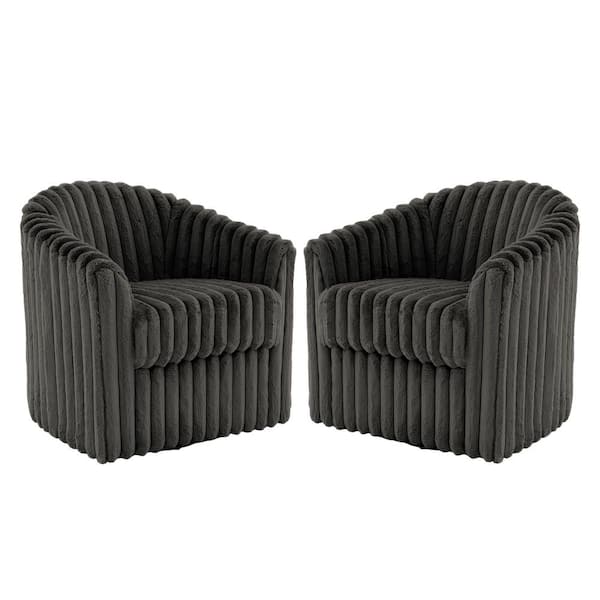 Chocolate Faux Rabbit Fur Polyester 360° Swivel Barrel Arm Chair With Metal Base (Set of 2)