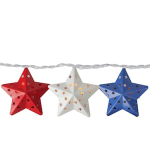 Set of 10 Clear Incandescent Light Red White and Blue Star 4th of July Patio Christmas Lights with White Wire