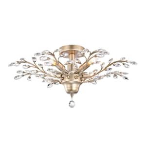 Lluvia 23.6 in. 4-Light Crystal Leaves Brushed Champagne Silver Smart Home Enabled Flush Mount with No Bulbs Included