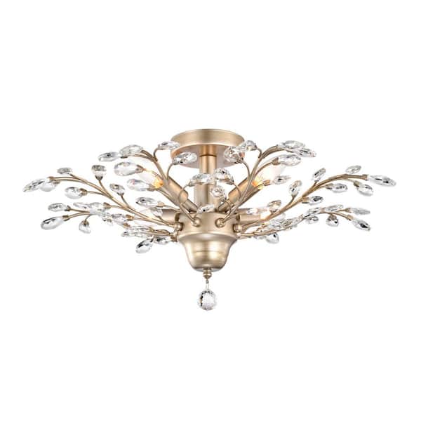 Jojospring Lluvia 23.6 in. 4-Light Crystal Leaves Brushed Champagne Silver Smart Home Enabled Flush Mount with No Bulbs Included