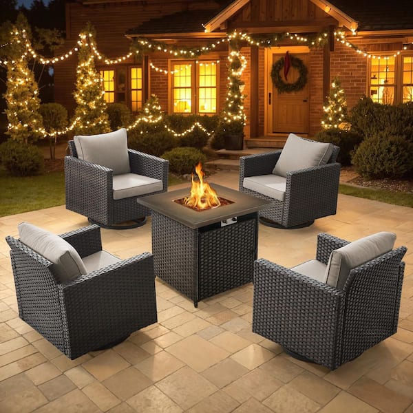 5-Piece Wicker Patio Conversation Set Fire Pit Table with Beige Cushions