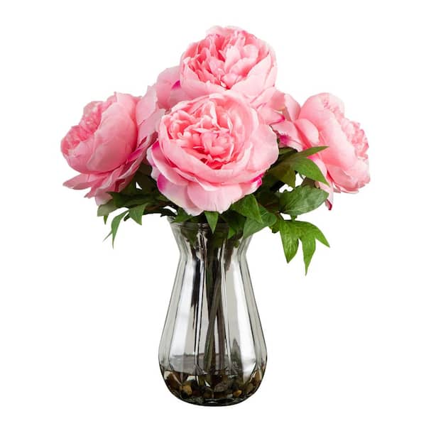 Nearly Natural 16 in. Artificial Peony Arrangement in Glass Vase