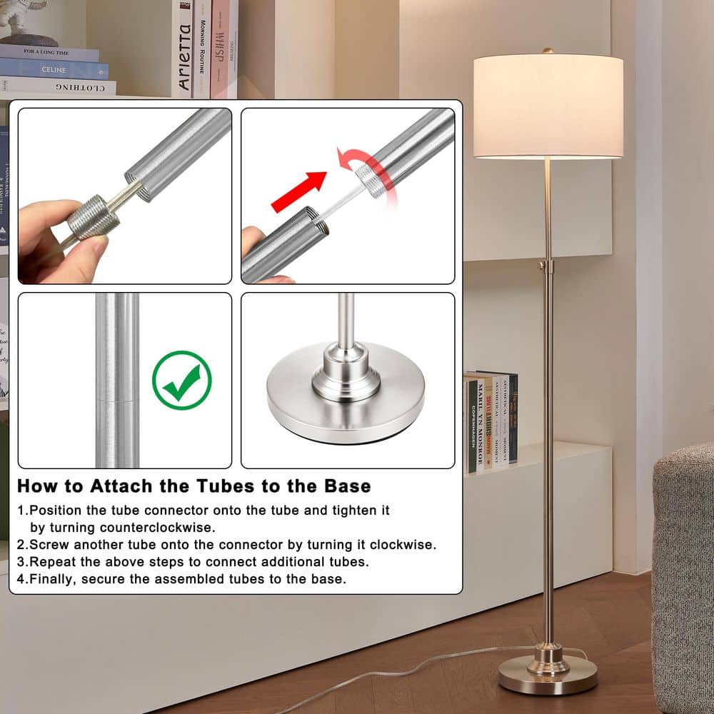 63.5" Brushed Nickel Adjustable Floor Lamp with White Linen Shade