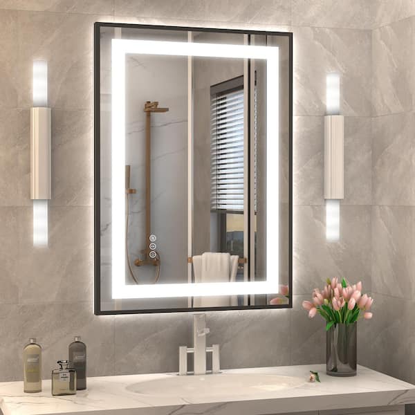 KIOTEE 20 in. W x 28 in. H Rectangular Framed Front and Back LED Lighted Anti-Fog Wall Bathroom Vanity Mirror in Tempered Glass