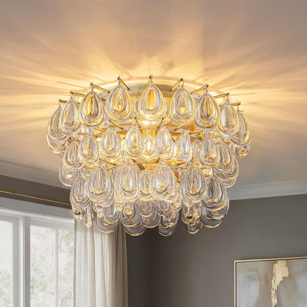 Cristal 4-Light 15-in W Brass Tiered Crystal Semi-Flush Mount with Teardrop Crystals for Living Room and Dining Room price history on PriceWatchPro