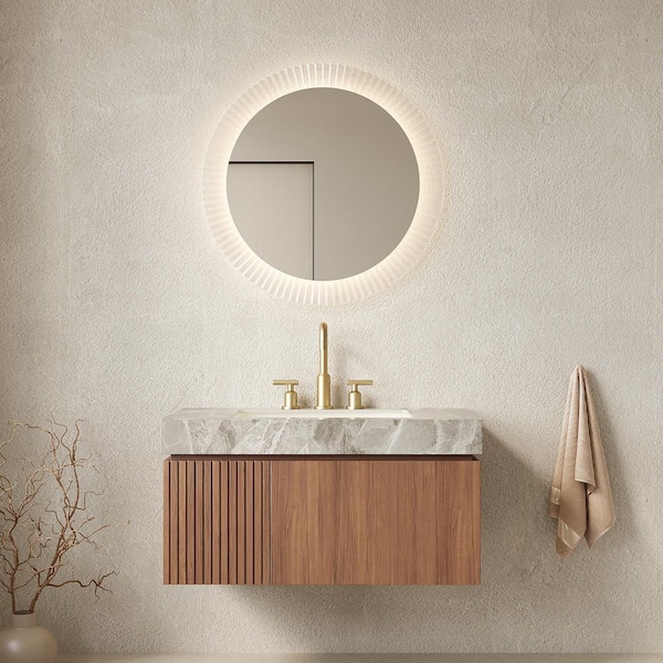 36 in. W x 19 in. D x 18 in. H Single Sink Floating Bath Vanity in Brown Oak with Light Gray Sintered Stone Top