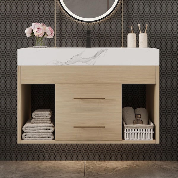 29.9 in. Floating Single Sink Wood-Finish Bath Vanity with White Sintered Stone Top