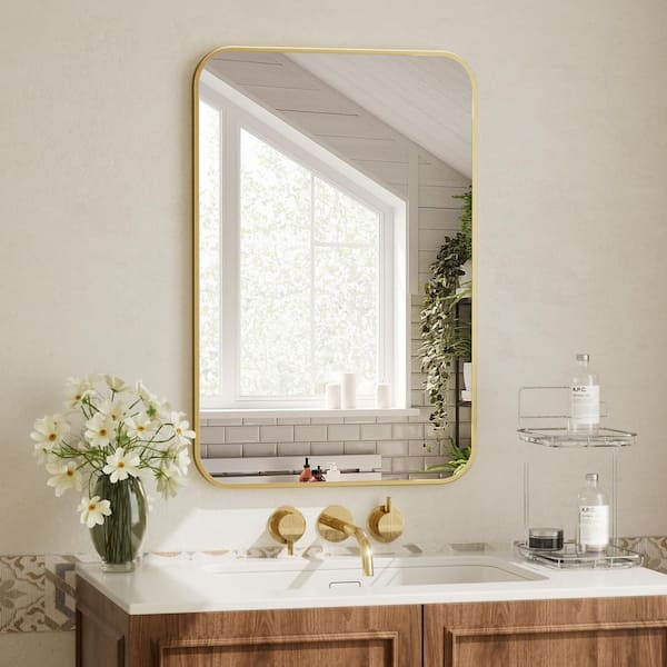 XRAMFY Gold 24 in. W x 36 in. H Rectangular Bathroom Mirror with Rounded Corners Wall Metal Framed Mirror