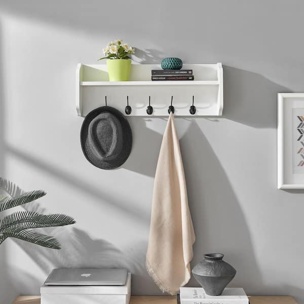 DANYA B 25 White Entryway Utility Wall Shelf with Hooks