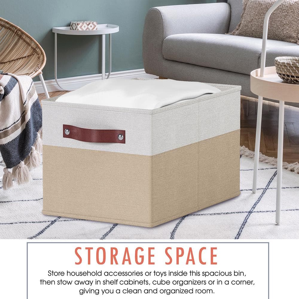 Extra Large White and Khaki Fabric Storage Bins with Faux Leather Handles - 3 Pack