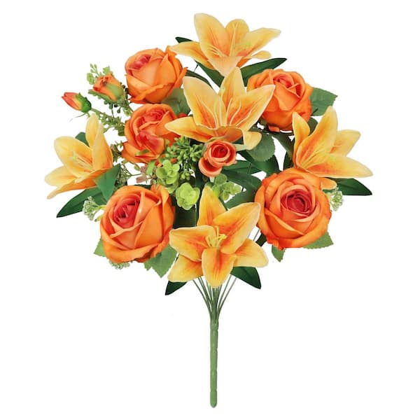 LIVING LUXURY 18 in. Orange Artificial Mixed Rose Stargazer Lily Flower Stem Bush Bouquet (Set of 2)