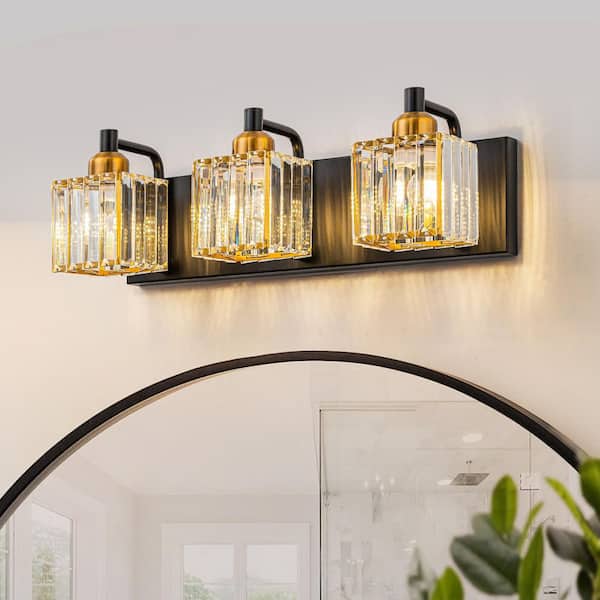 LLHZSY Schonbek 18.7 in. 3-Light Black and Gold Bathroom Vanity Light Fixture with Crystal Shades