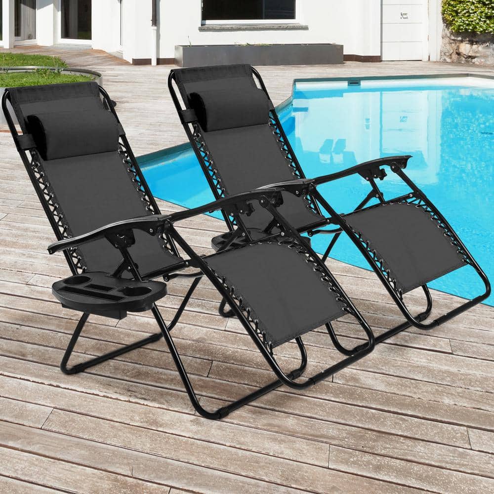 Outdoor 2 Pieces Metal Zero Gravity Folding Lawn Lounge Chair, Black