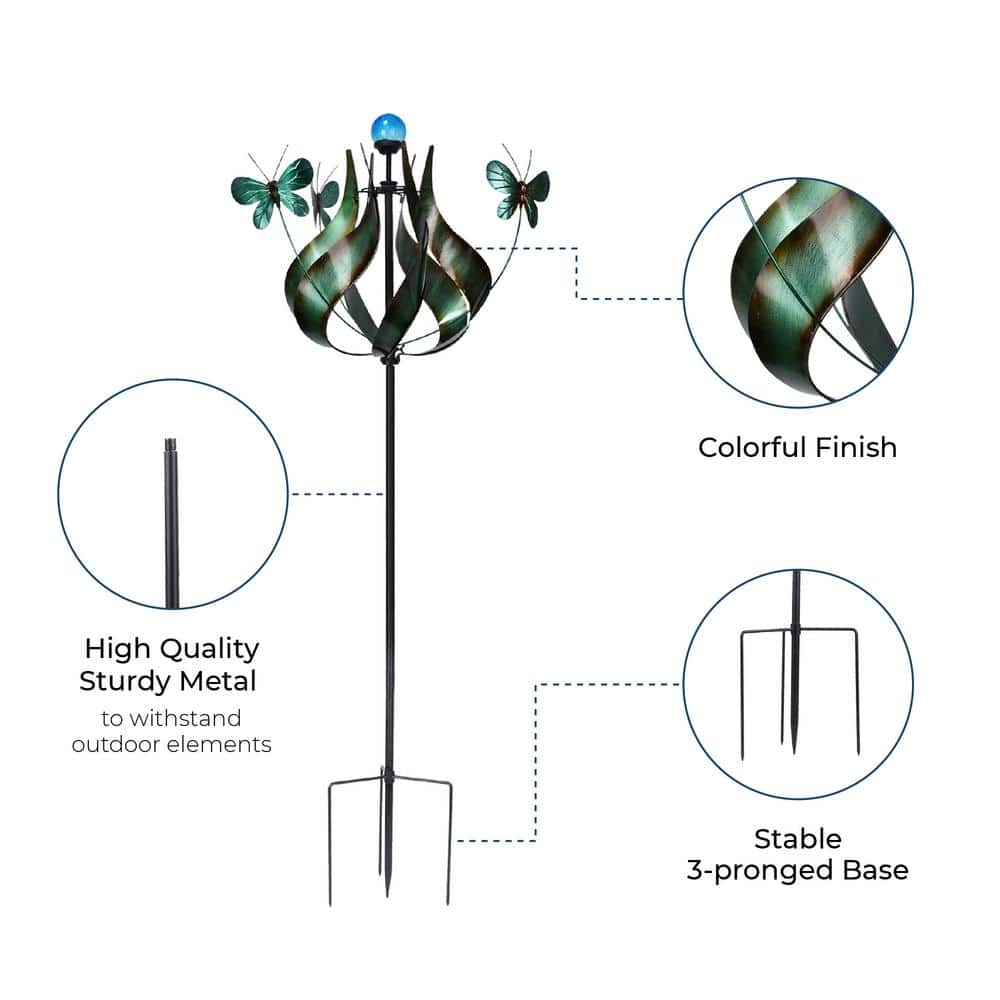 Teal Metal Tulip and Butterfly Kinetic Windmill with LED Light