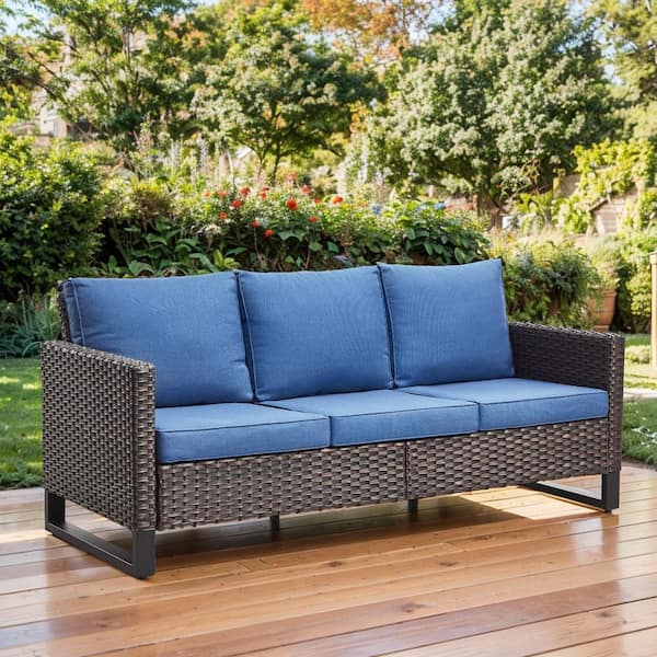 moosprr U-Shaped Foot 3-Seat Brown Wicker Outdoor Patio Couch with Blue Cushions